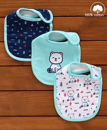 Babyhug Cotton Bibs Bear Embroidery Set of 3 - Blue & White