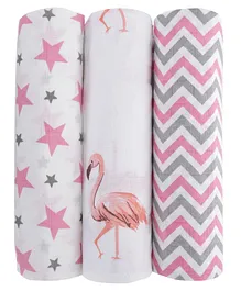 Haus & Kinder Muslin Swaddle Wrappers Star & Flamingo Print Pack of 3 - Pink