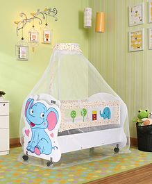 babyhug little elephant wooden cradle with wheels & big storage drawers for toys  blue white