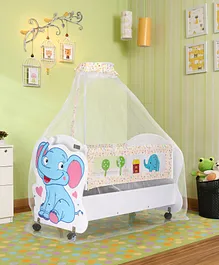 babyhug little elephant wooden cradle with wheels & big storage drawers for toys  blue white