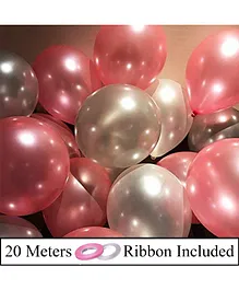 Amfin Metallic Latex Balloons With Ribbons Pink & Silver - Pack of 52 