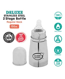 Buddsbuddy Deluxe Stainless Steel Regular Neck Baby Feeding Bottle with Extra Sipper Spout - 150ml