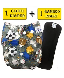 Babymoon Reusable Cloth Diaper with Diaper Inserts Football Print - Grey