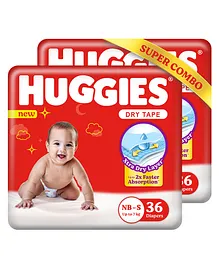 Huggies Newborn Small Size Complete Comfort Dry Baby Tape Diapers Combo Pack of 2 with 5 in 1 Comfort - 36 Pieces Each (Total 72 Pieces)