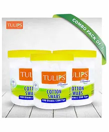 Tulips Premium Cotton Ear Buds Jar Pack of 3 - 100 Stems Each