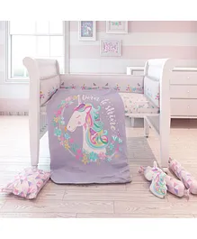 Fancy Fluff 7 Piece Organic Baby Cot Bedding Set Unicorn Print - Purple