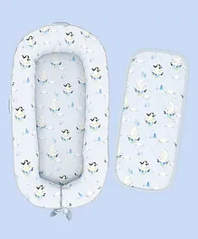 Fancy Fluff Organic Cotton Baby Cocoon with Bed Protector Penguin Print - Light Blue
