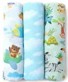 Fancy Fluff 100% Organic Cotton Muslin  Swaddle Wraps Pack of 3 - Blue