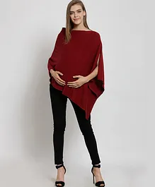 Pluchi Full Sleeves Solid Rosette Maternity Poncho Style Top - Dark Red