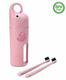 Elephant Design Set Of 2 Toothbrush With Holder - Pink