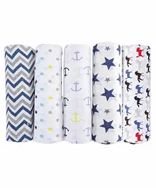 haus & kinder 100% Cotton Muslin Swaddle Wrap Pack of 5 - Blue & White