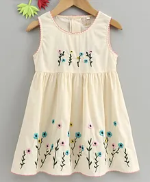 Smile Rabbit Sleeveless Floral Embroidered Frock - Cream