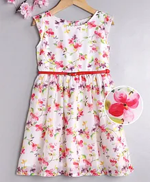 Rosy Bow Cap Sleeves Frock with Belt Floral Print - White Peach