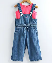 Naughty Ninos Solid Dungaree With Sleeveless Top - Blue & Pink