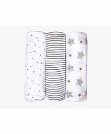 Masilo Organic Cotton Muslin 3 Piece Swaddles For Infant/Baby's,Comfortable and Lighweight, 105 x 105 cm. 0 - 2 Years - Stars - Grey