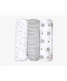 Masilo Organic Muslin Swaddle Wrapper Star Print Pack of 3 - White Grey