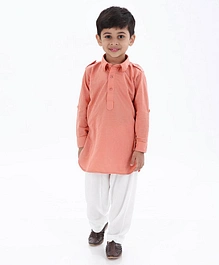Ethnik's Neu Ron Full Sleeves Solid Kurta & Pajama Set - Peach