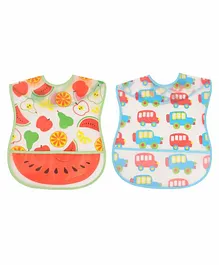 Yellow Bee Bib with Crumb Collector Fruits & Car Print Pack of 2 - Multicolor