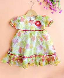 Many frocks & Flowers Printed Puff Style Short Sleeves Dress - Green