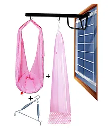 VParents Polka Dots Baby Swing Cradle with Mosquito Net Spring & Metal Window Cradle Hanger - Pink