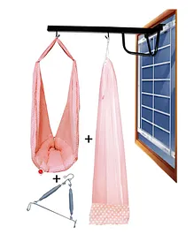 VParents Polka Dots Baby Swing Cradle with Mosquito Net Spring & Metal Window Cradle Hanger - Peach