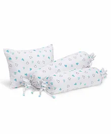 The White Cradle Cot Pillow & 2 Bolsters Set with Fillers Heart Print - White Blue