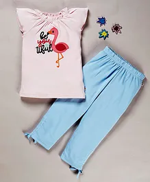 Pranava Organic Cotton Cap Sleeves Flamingo Patch Detailed Top & Pants Set - Sky Blue & White