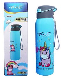 Youp Stainless Steel sky blue Color Unicorn Kids Insulated Double Wall Sipper Bottle Gypsy - 550 ml