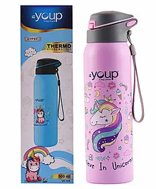 Youp Stainless Steel Pink Color Unicorn Kids Insulated Double Wall  Sipper Bottle Gypsy - 550 ml