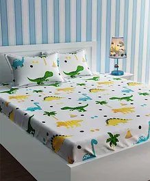 Urban Dream Double Bedsheet with Pillow Cover Dinosaur & Volcano Print - White