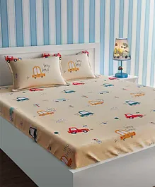 Urban Dream Double Bedsheet with Pillow Cover Car & Traffic Light Print - Yellow