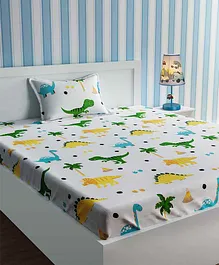 Urban Dream Single Bedsheet with Pillow Cover Dinosaur & Volcano Print - White