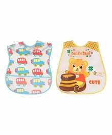 Yellow Bee Car and Bear Print Bibs with Crumb Catcher Pack of 2 - Multicolor