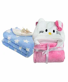My New Born All Season Hooded Baby Wrapper & Blanket Star Print Set of 2 - Pink & Blue