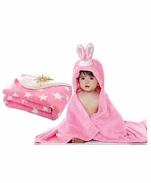 My New Born All Season Hooded Baby Wrapper & Blanket Star Print Set of 2 - Pink