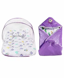 My New Born Baby Bedding Set with Mosquito Net & Hooded Wrapper - Purple