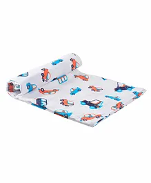 Wonder Wee 100% Cotton Muslin Swaddle Wrapper Vehicle Print - White