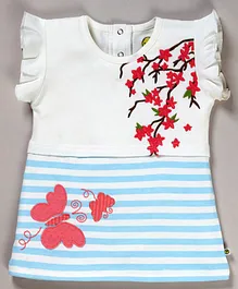 Pranava Organic Cotton Short Sleeves Flower Embroidery Detailing Top - Sky Blue