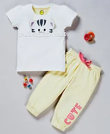 Pranava Organic Cotton Short Sleeves Kitty Design Top With Pajama - White Yellow