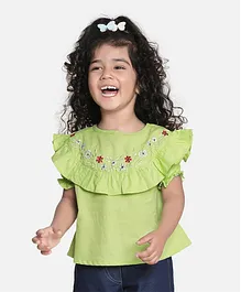 Aww Hunnie Half Sleeves Embroidery Frill Top - Green