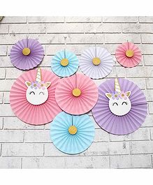 Untumble Unicorn Theme Paper Fan Decoration Multicolor - Pack of 8