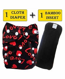 Babymoon Reusable Cloth Diaper with Bamboo Charcoal Insert Heart Print - Black