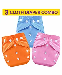 Bembika Washable & Reusable Solid Pocket Cloth Diapers Without Insert Pack of 3 - Orange Pink Blue