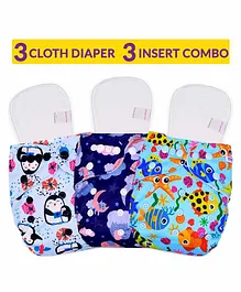 Bembika Reusable Cloth Diapers With Inserts Multi Print Pack of 3 - Blue