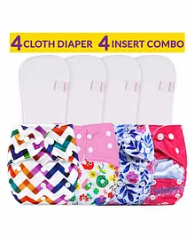 Bembika Reusable Printed Cloth Diapers With Inserts Pack of 4 - Multicolor
