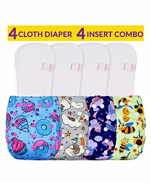 Bembika Reusable Printed Cloth Diapers With Inserts Pack of 4 - Multicolor