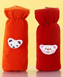 Zoe Velvet Bottle Cover Teddy & Bear Motif Red Orange Pack of 2 - Fits Up to 240 ml Bottle