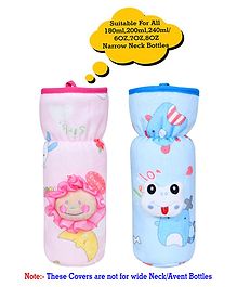 The Little Lookers Soft Plush Elasticated Bottle Cover Applique Design Pink Blue Pack of 2 - Fits 240 ml Bottle