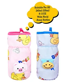 Broad Neck Feeding Bottle Cover with Strap Animal Motif Pack of 2 Pink Blue - Fits 330 ml Bottle