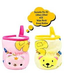 The Little Looker Plush Bottle Cover with Elastic Neck Pack of 2 Yellow Pink - Fits 125 ml 120 ml 140 ml Bottle ( Cartoon Print May Very)